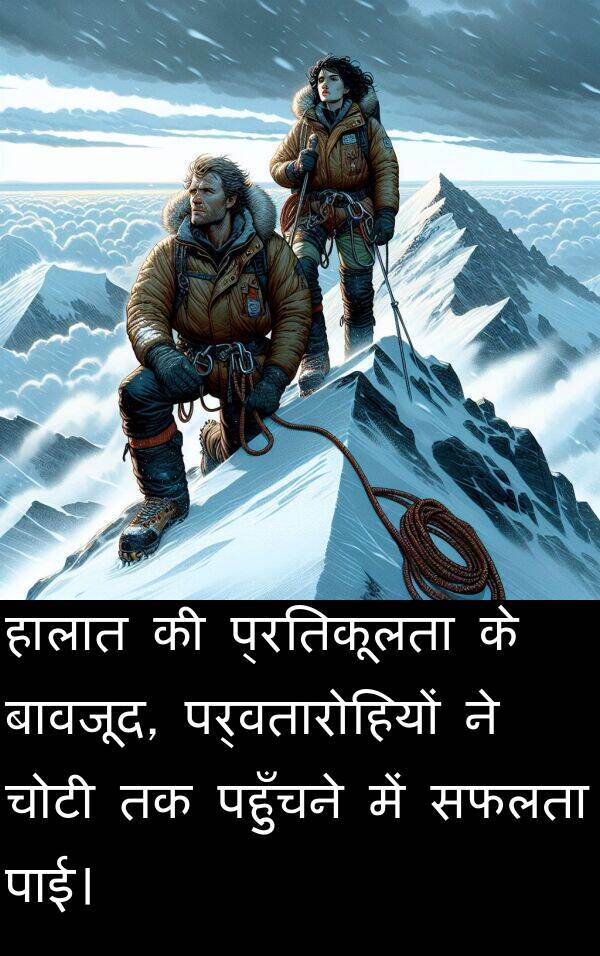 पहुँचने: हालात की प्रतिकूलता के बावजूद, पर्वतारोहियों ने चोटी तक पहुँचने में सफलता पाई।