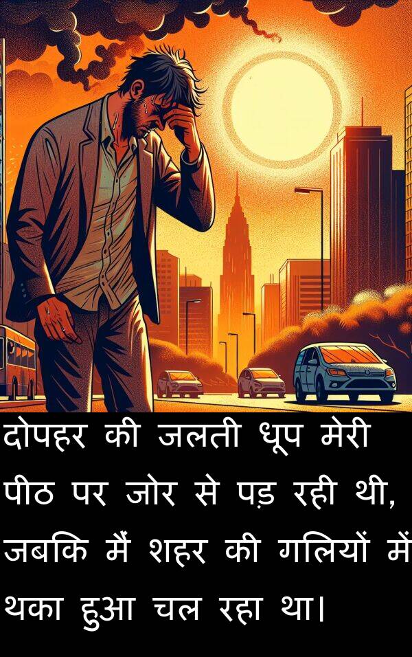 दोपहर: दोपहर की जलती धूप मेरी पीठ पर जोर से पड़ रही थी, जबकि मैं शहर की गलियों में थका हुआ चल रहा था।
