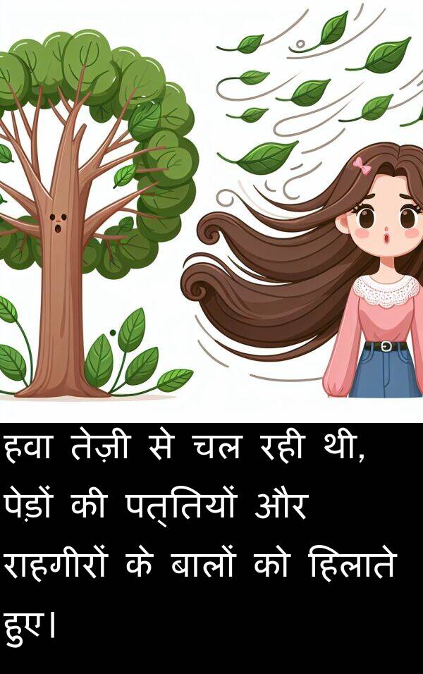 पत्तियों: हवा तेज़ी से चल रही थी, पेड़ों की पत्तियों और राहगीरों के बालों को हिलाते हुए।