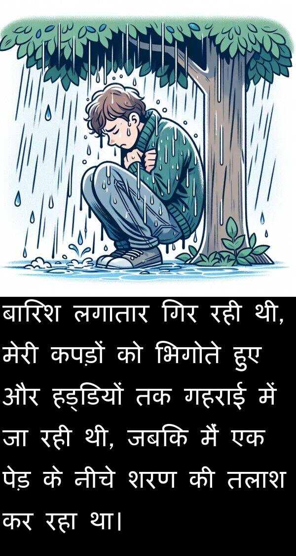 लगातार: बारिश लगातार गिर रही थी, मेरी कपड़ों को भिगोते हुए और हड्डियों तक गहराई में जा रही थी, जबकि मैं एक पेड़ के नीचे शरण की तलाश कर रहा था।