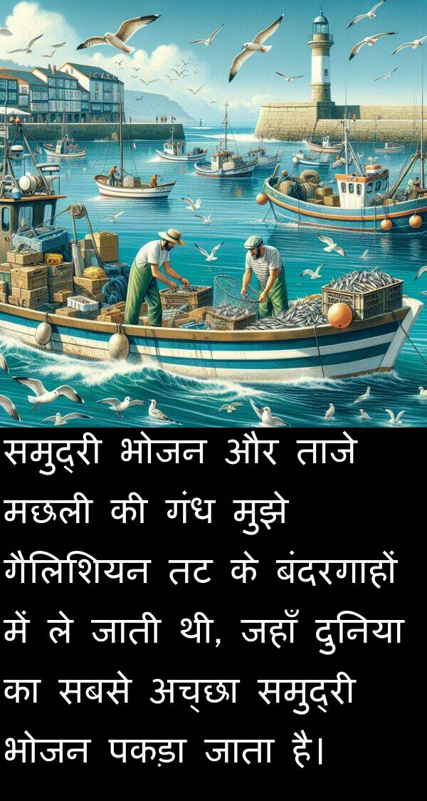 ताजे: समुद्री भोजन और ताजे मछली की गंध मुझे गैलिशियन तट के बंदरगाहों में ले जाती थी, जहाँ दुनिया का सबसे अच्छा समुद्री भोजन पकड़ा जाता है।