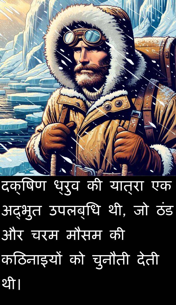 उपलब्धि: दक्षिण ध्रुव की यात्रा एक अद्भुत उपलब्धि थी, जो ठंड और चरम मौसम की कठिनाइयों को चुनौती देती थी।