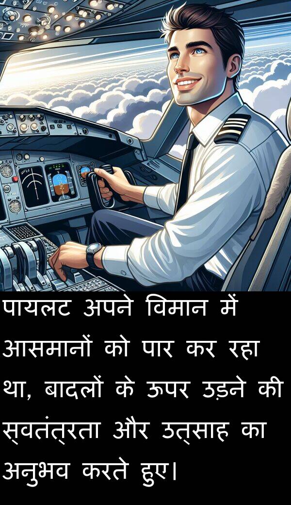 उत्साह: पायलट अपने विमान में आसमानों को पार कर रहा था, बादलों के ऊपर उड़ने की स्वतंत्रता और उत्साह का अनुभव करते हुए।