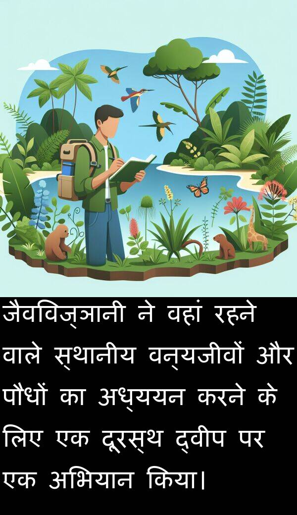 अभियान: जैवविज्ञानी ने वहां रहने वाले स्थानीय वन्यजीवों और पौधों का अध्ययन करने के लिए एक दूरस्थ द्वीप पर एक अभियान किया।
