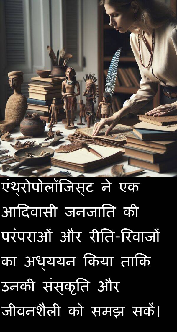 परंपराओं: एंथ्रोपोलॉजिस्ट ने एक आदिवासी जनजाति की परंपराओं और रीति-रिवाजों का अध्ययन किया ताकि उनकी संस्कृति और जीवनशैली को समझ सकें।