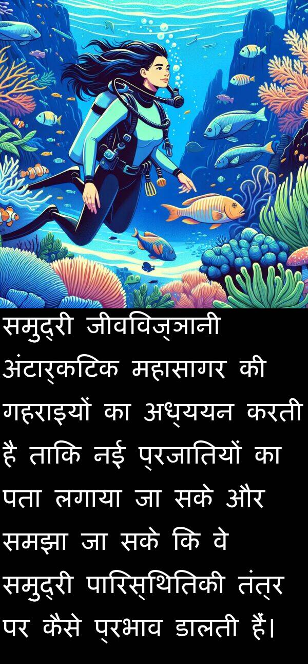लगाया: समुद्री जीवविज्ञानी अंटार्कटिक महासागर की गहराइयों का अध्ययन करती है ताकि नई प्रजातियों का पता लगाया जा सके और समझा जा सके कि वे समुद्री पारिस्थितिकी तंत्र पर कैसे प्रभाव डालती हैं।