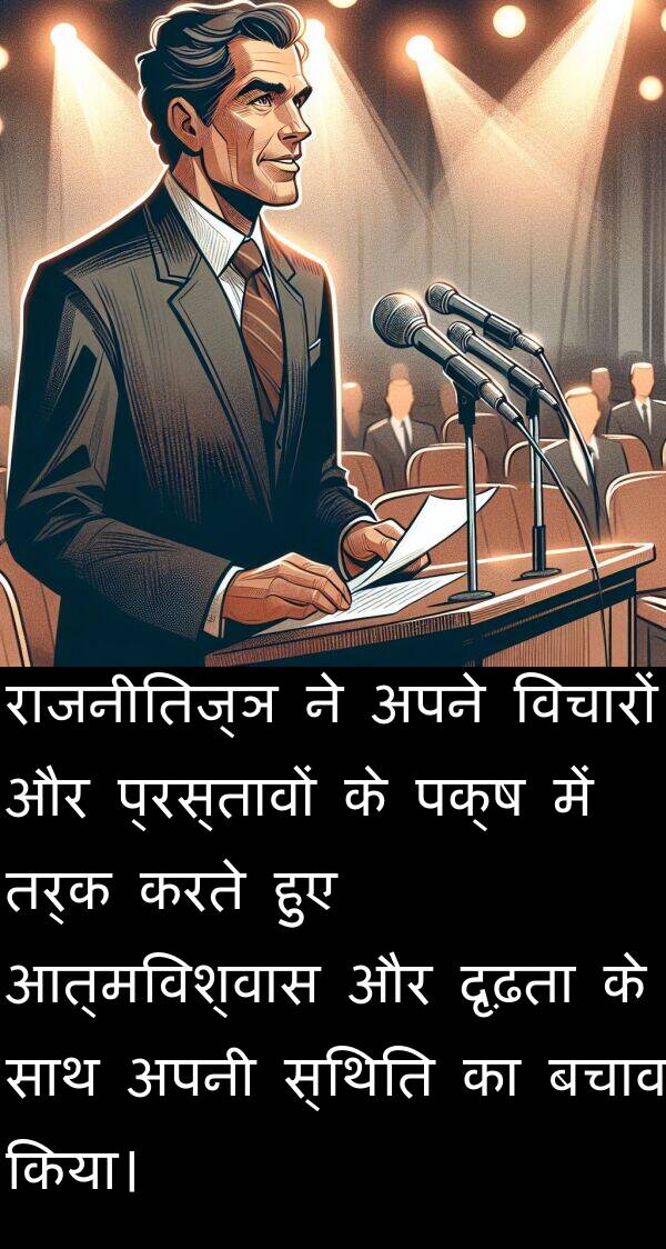 दृढ़ता: राजनीतिज्ञ ने अपने विचारों और प्रस्तावों के पक्ष में तर्क करते हुए आत्मविश्वास और दृढ़ता के साथ अपनी स्थिति का बचाव किया।