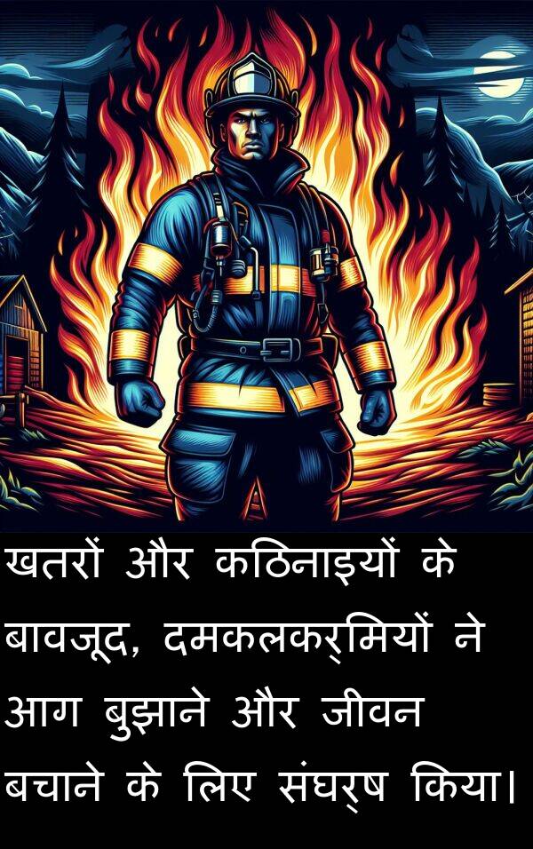 खतरों: खतरों और कठिनाइयों के बावजूद, दमकलकर्मियों ने आग बुझाने और जीवन बचाने के लिए संघर्ष किया।