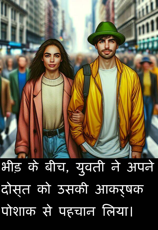 लिया।: भीड़ के बीच, युवती ने अपने दोस्त को उसकी आकर्षक पोशाक से पहचान लिया।