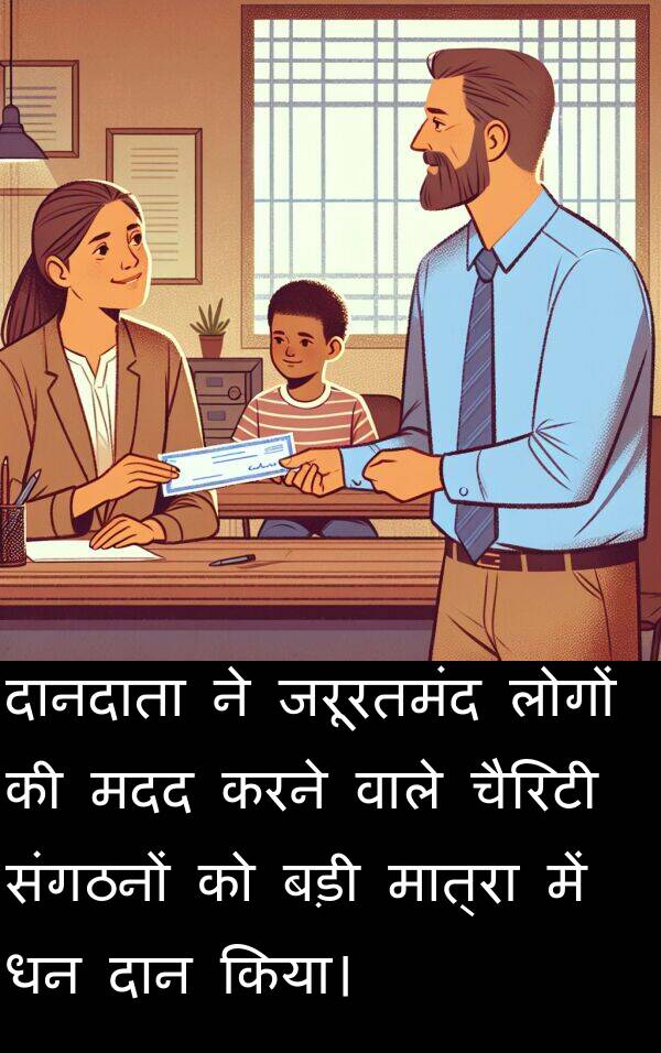 चैरिटी: दानदाता ने जरूरतमंद लोगों की मदद करने वाले चैरिटी संगठनों को बड़ी मात्रा में धन दान किया।