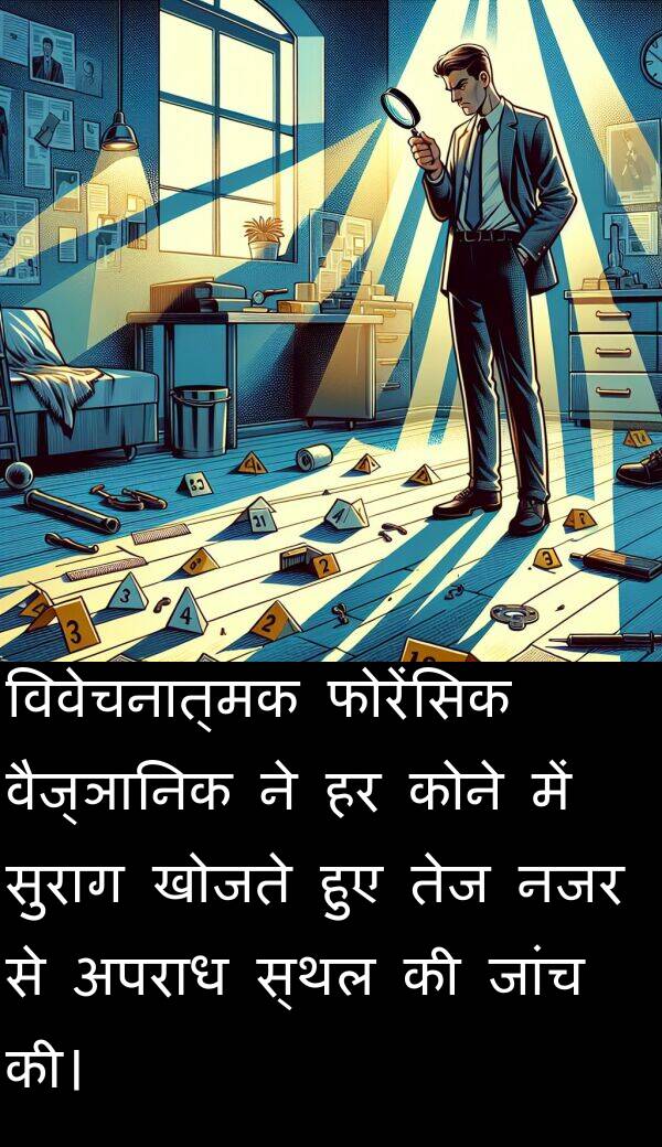 खोजते: विवेचनात्मक फोरेंसिक वैज्ञानिक ने हर कोने में सुराग खोजते हुए तेज नजर से अपराध स्थल की जांच की।
