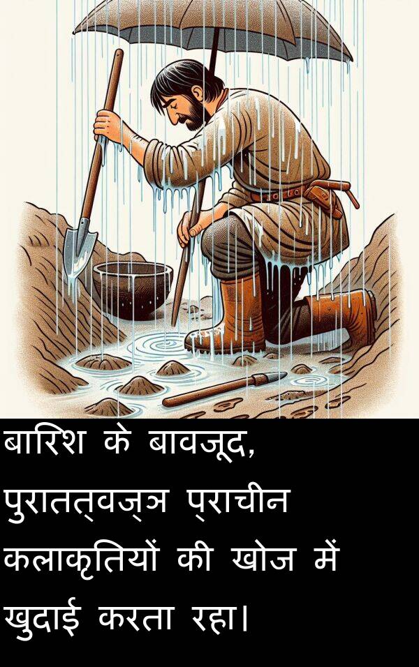 खोज: बारिश के बावजूद, पुरातत्वज्ञ प्राचीन कलाकृतियों की खोज में खुदाई करता रहा।