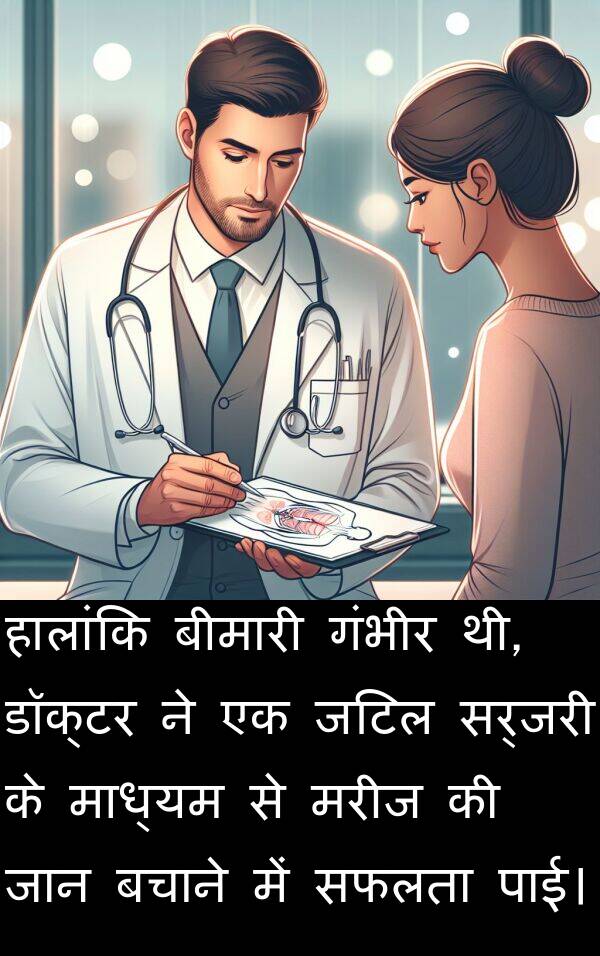 पाई।: हालांकि बीमारी गंभीर थी, डॉक्टर ने एक जटिल सर्जरी के माध्यम से मरीज की जान बचाने में सफलता पाई।
