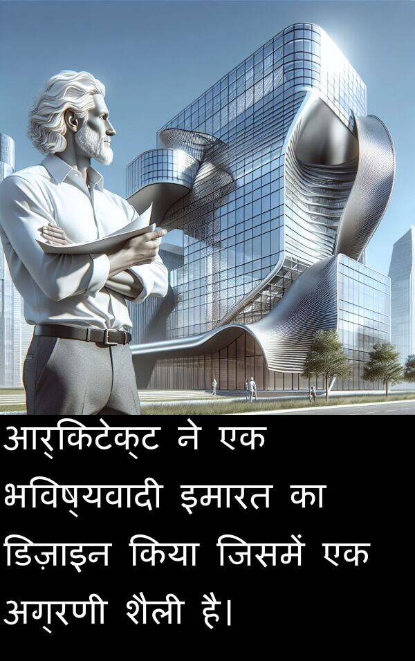 भविष्यवादी: आर्किटेक्ट ने एक भविष्यवादी इमारत का डिज़ाइन किया जिसमें एक अग्रणी शैली है।