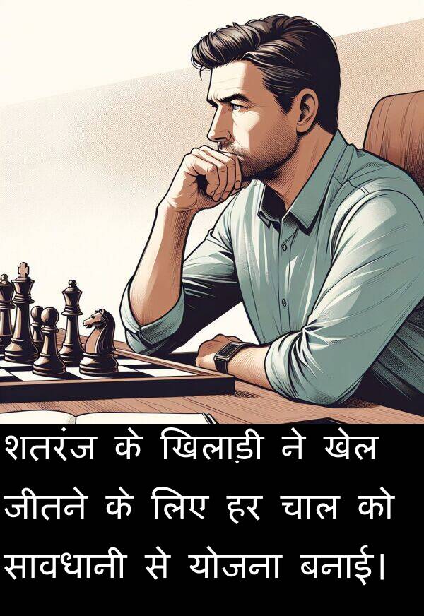 खेल: शतरंज के खिलाड़ी ने खेल जीतने के लिए हर चाल को सावधानी से योजना बनाई।