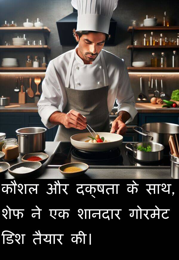 तैयार: कौशल और दक्षता के साथ, शेफ ने एक शानदार गोरमेट डिश तैयार की।