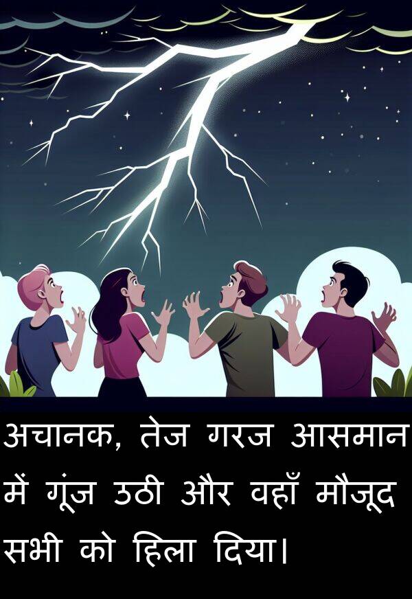 उठी: अचानक, तेज गरज आसमान में गूंज उठी और वहाँ मौजूद सभी को हिला दिया।