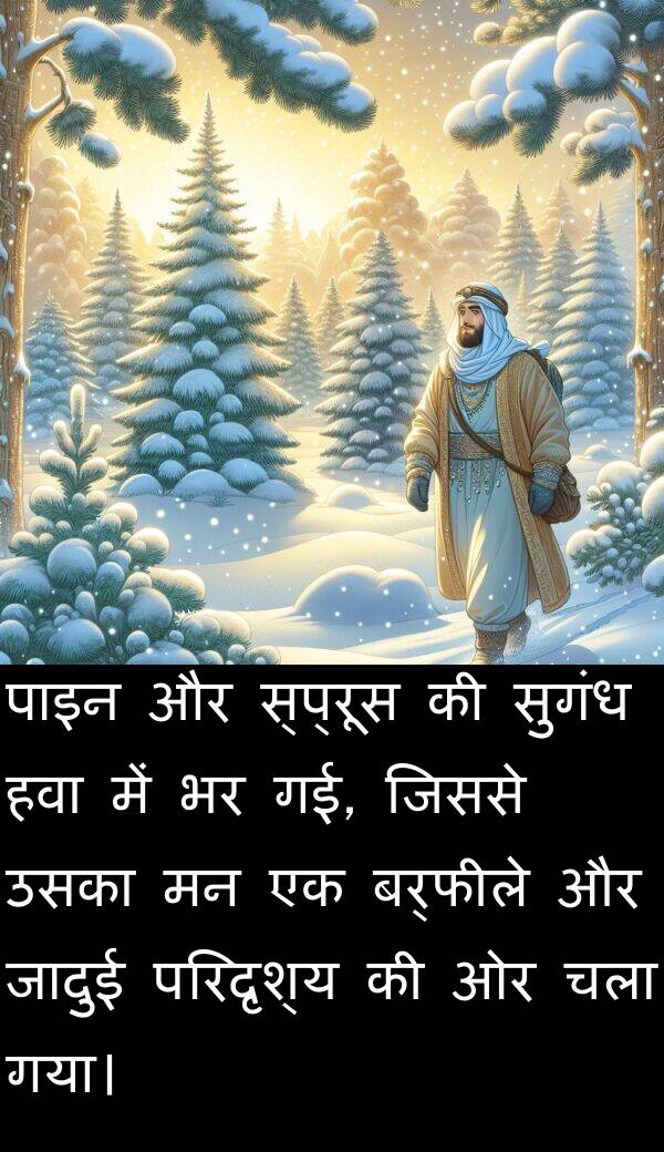 परिदृश्य: पाइन और स्प्रूस की सुगंध हवा में भर गई, जिससे उसका मन एक बर्फीले और जादुई परिदृश्य की ओर चला गया।