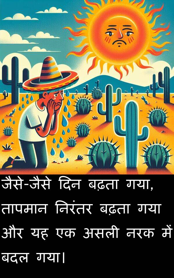 बदल: जैसे-जैसे दिन बढ़ता गया, तापमान निरंतर बढ़ता गया और यह एक असली नरक में बदल गया।