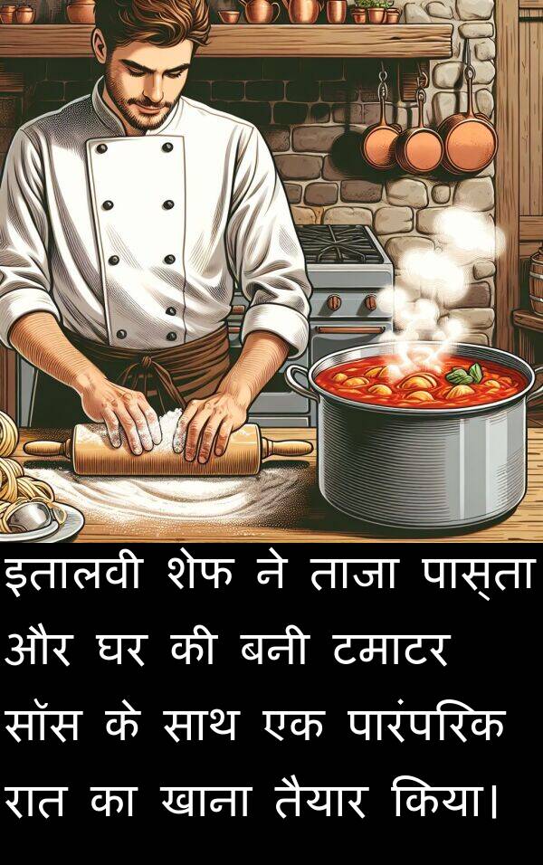 ताजा: इतालवी शेफ ने ताजा पास्ता और घर की बनी टमाटर सॉस के साथ एक पारंपरिक रात का खाना तैयार किया।