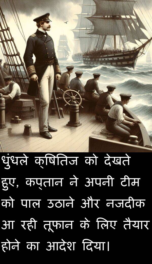 धुंधले: धुंधले क्षितिज को देखते हुए, कप्तान ने अपनी टीम को पाल उठाने और नजदीक आ रही तूफान के लिए तैयार होने का आदेश दिया।