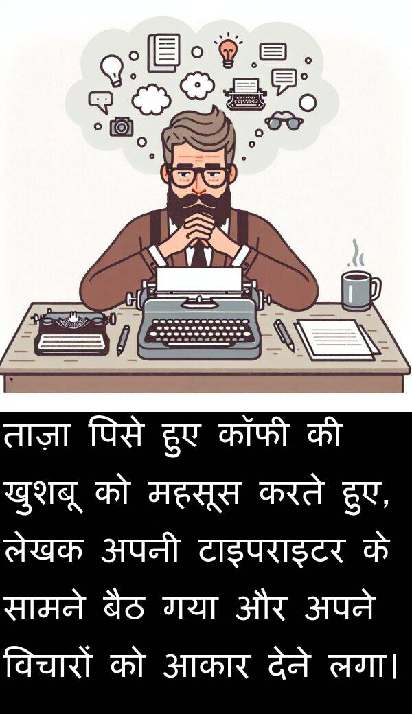 लेखक: ताज़ा पिसे हुए कॉफी की खुशबू को महसूस करते हुए, लेखक अपनी टाइपराइटर के सामने बैठ गया और अपने विचारों को आकार देने लगा।