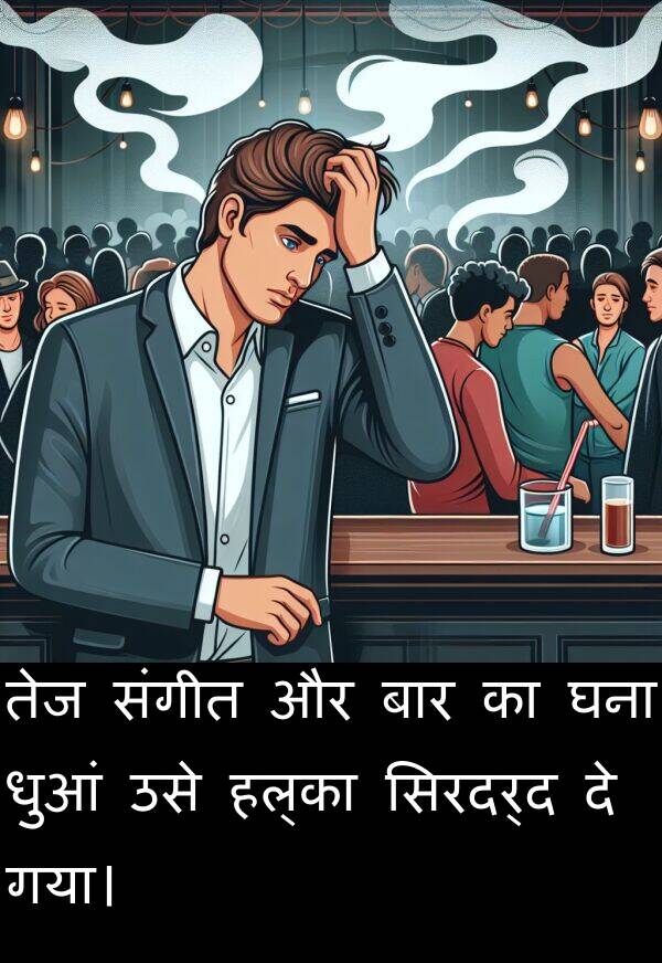 धुआं: तेज संगीत और बार का घना धुआं उसे हल्का सिरदर्द दे गया।