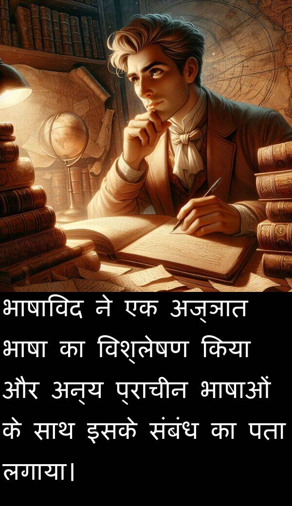 लगाया।: भाषाविद ने एक अज्ञात भाषा का विश्लेषण किया और अन्य प्राचीन भाषाओं के साथ इसके संबंध का पता लगाया।