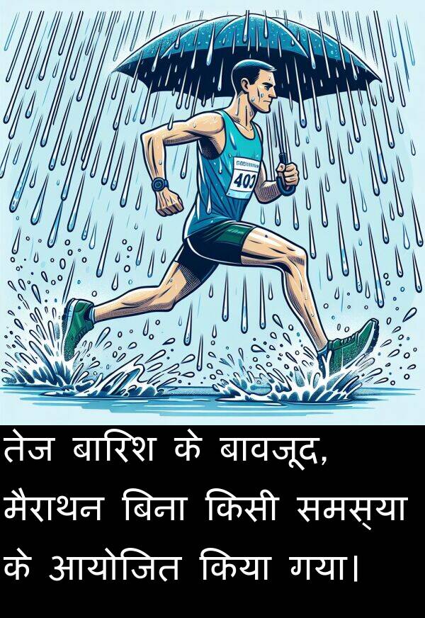 समस्या: तेज बारिश के बावजूद, मैराथन बिना किसी समस्या के आयोजित किया गया।