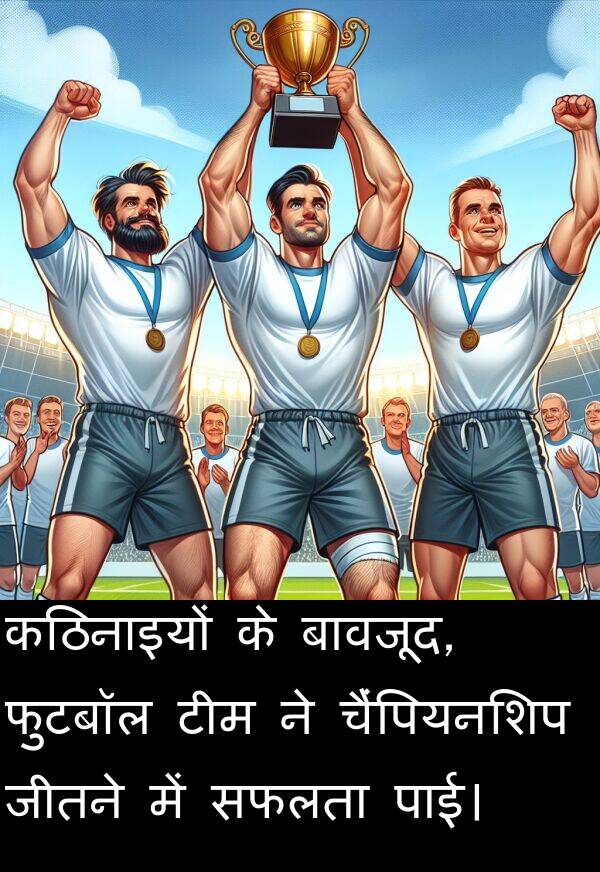 पाई।: कठिनाइयों के बावजूद, फुटबॉल टीम ने चैंपियनशिप जीतने में सफलता पाई।