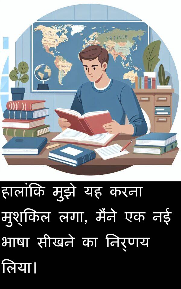 लगा: हालांकि मुझे यह करना मुश्किल लगा, मैंने एक नई भाषा सीखने का निर्णय लिया।