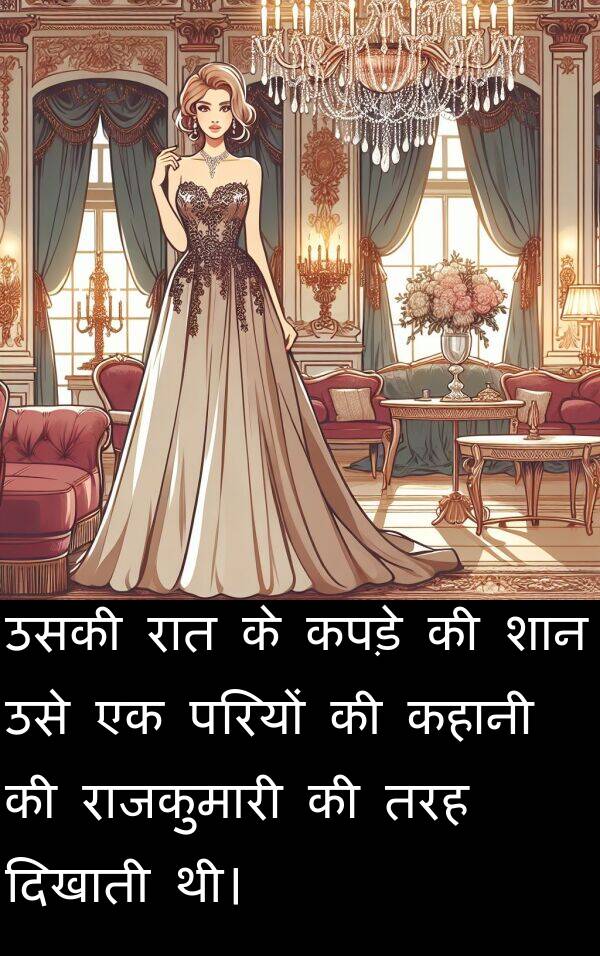 परियों: उसकी रात के कपड़े की शान उसे एक परियों की कहानी की राजकुमारी की तरह दिखाती थी।