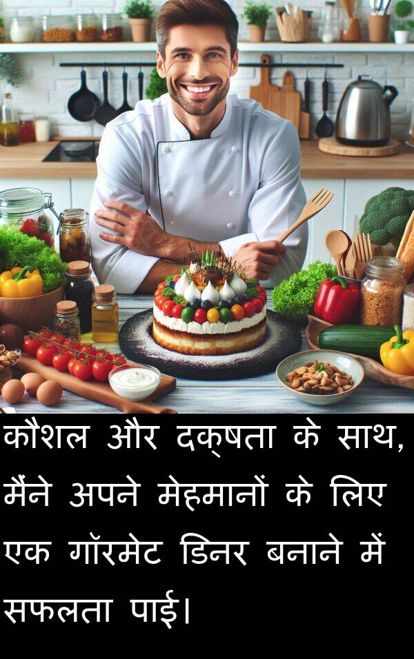 पाई।: कौशल और दक्षता के साथ, मैंने अपने मेहमानों के लिए एक गॉरमेट डिनर बनाने में सफलता पाई।