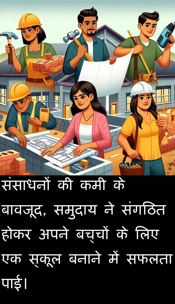 पाई।: संसाधनों की कमी के बावजूद, समुदाय ने संगठित होकर अपने बच्चों के लिए एक स्कूल बनाने में सफलता पाई।
