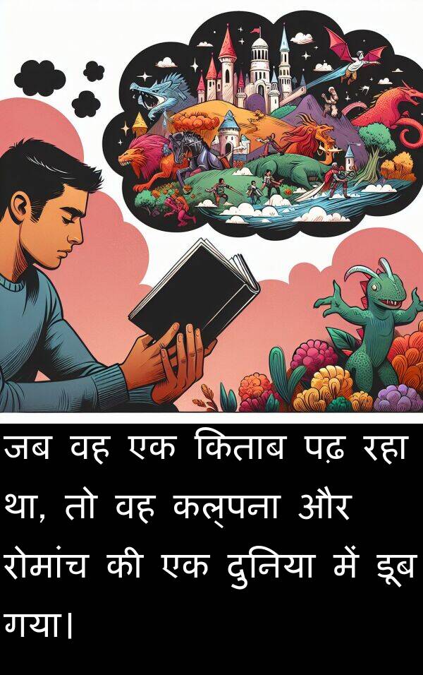कल्पना: जब वह एक किताब पढ़ रहा था, तो वह कल्पना और रोमांच की एक दुनिया में डूब गया।