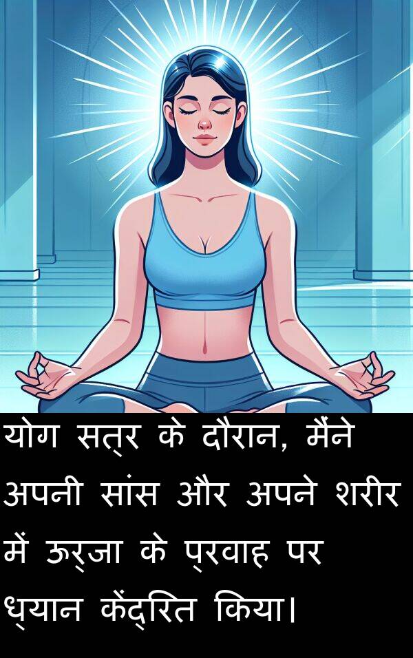 ध्यान: योग सत्र के दौरान, मैंने अपनी सांस और अपने शरीर में ऊर्जा के प्रवाह पर ध्यान केंद्रित किया।
