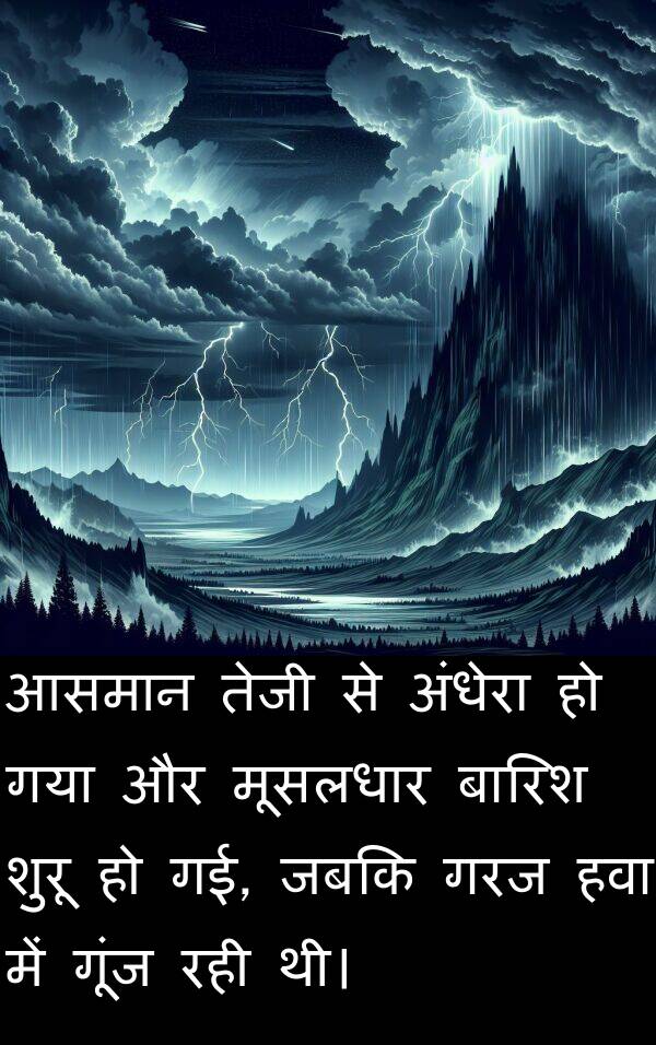 आसमान: आसमान तेजी से अंधेरा हो गया और मूसलधार बारिश शुरू हो गई, जबकि गरज हवा में गूंज रही थी।