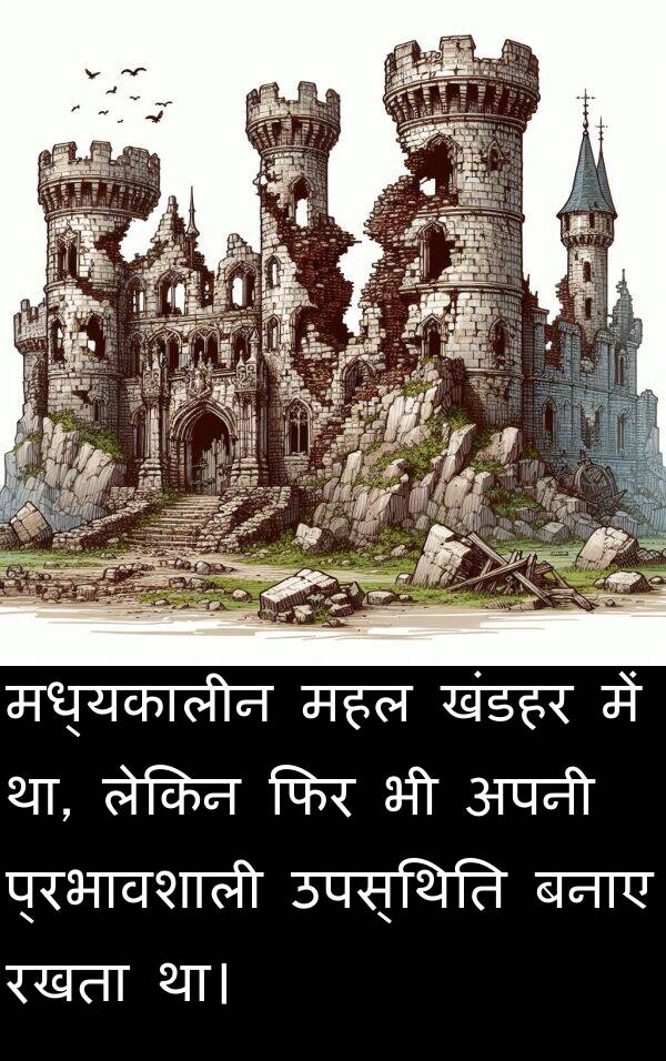 उपस्थिति: मध्यकालीन महल खंडहर में था, लेकिन फिर भी अपनी प्रभावशाली उपस्थिति बनाए रखता था।