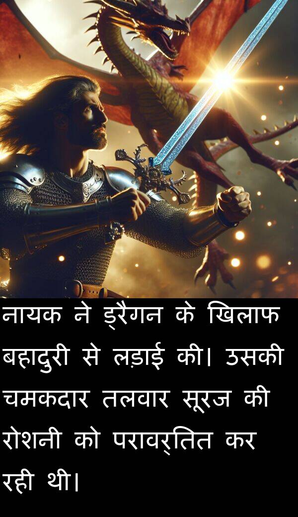 लड़ाई: नायक ने ड्रैगन के खिलाफ बहादुरी से लड़ाई की। उसकी चमकदार तलवार सूरज की रोशनी को परावर्तित कर रही थी।