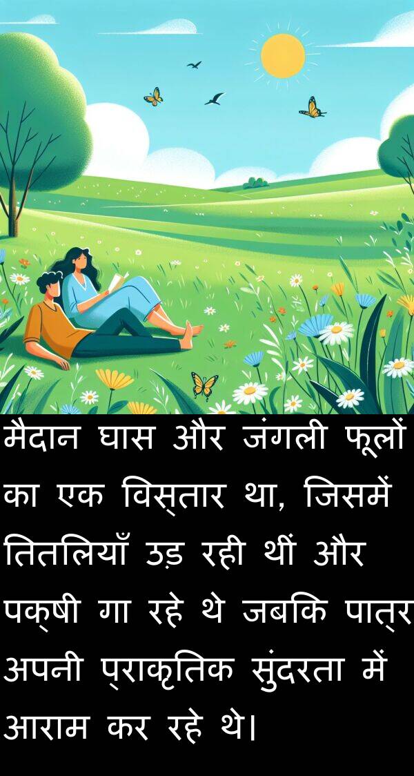 फूलों: मैदान घास और जंगली फूलों का एक विस्तार था, जिसमें तितलियाँ उड़ रही थीं और पक्षी गा रहे थे जबकि पात्र अपनी प्राकृतिक सुंदरता में आराम कर रहे थे।