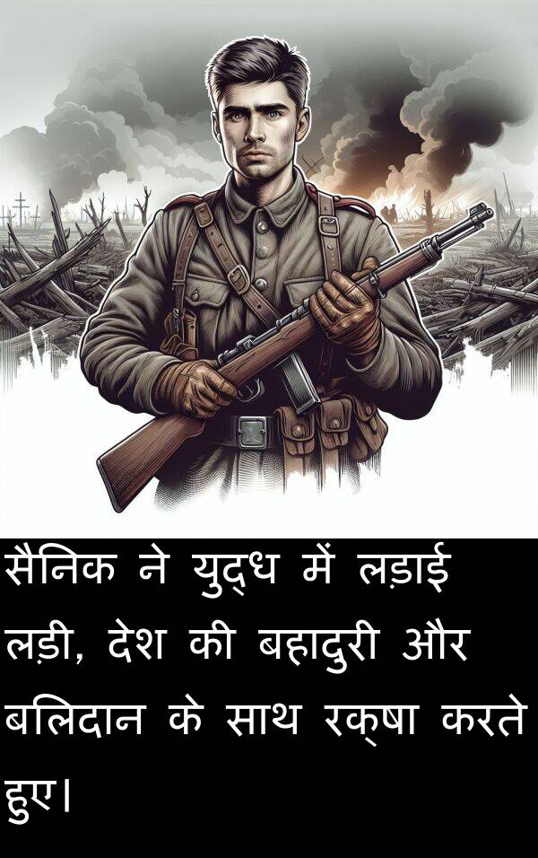 लड़ाई: सैनिक ने युद्ध में लड़ाई लड़ी, देश की बहादुरी और बलिदान के साथ रक्षा करते हुए।