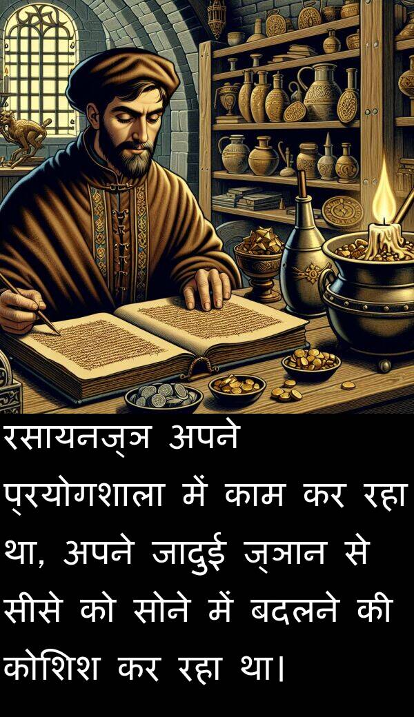 बदलने: रसायनज्ञ अपने प्रयोगशाला में काम कर रहा था, अपने जादुई ज्ञान से सीसे को सोने में बदलने की कोशिश कर रहा था।