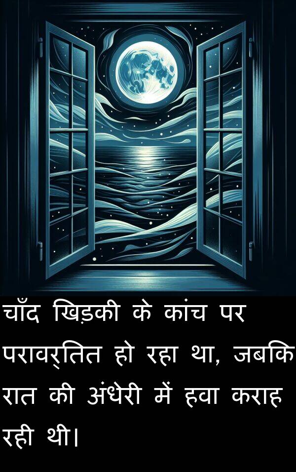 कांच: चाँद खिड़की के कांच पर परावर्तित हो रहा था, जबकि रात की अंधेरी में हवा कराह रही थी।
