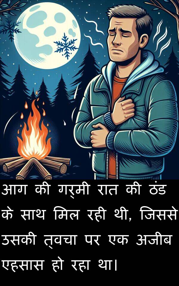 गर्मी: आग की गर्मी रात की ठंड के साथ मिल रही थी, जिससे उसकी त्वचा पर एक अजीब एहसास हो रहा था।