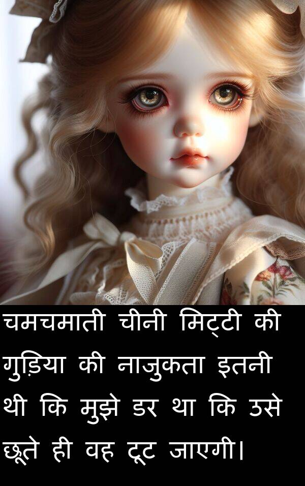 छूते: चमचमाती चीनी मिट्टी की गुड़िया की नाजुकता इतनी थी कि मुझे डर था कि उसे छूते ही वह टूट जाएगी।