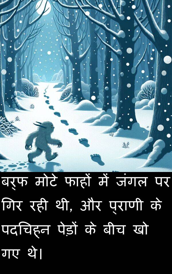 पदचिह्न: बर्फ मोटे फाहों में जंगल पर गिर रही थी, और प्राणी के पदचिह्न पेड़ों के बीच खो गए थे।