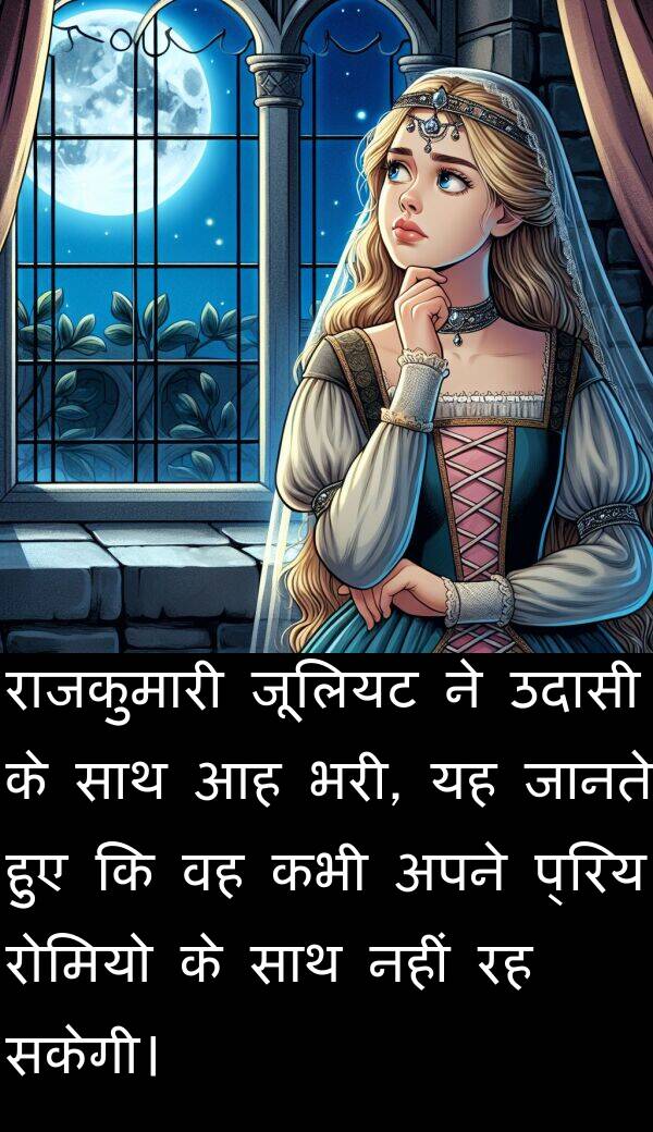 उदासी: राजकुमारी जूलियट ने उदासी के साथ आह भरी, यह जानते हुए कि वह कभी अपने प्रिय रोमियो के साथ नहीं रह सकेगी।