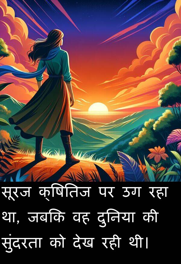 सूरज: सूरज क्षितिज पर उग रहा था, जबकि वह दुनिया की सुंदरता को देख रही थी।