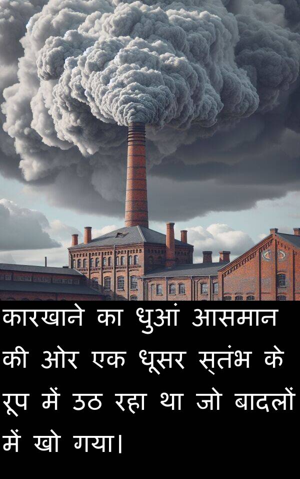 धूसर: कारखाने का धुआं आसमान की ओर एक धूसर स्तंभ के रूप में उठ रहा था जो बादलों में खो गया।