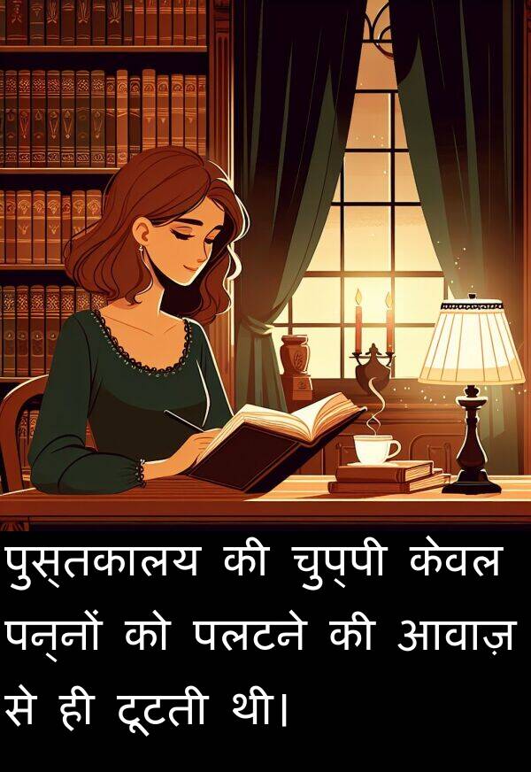 आवाज़: पुस्तकालय की चुप्पी केवल पन्नों को पलटने की आवाज़ से ही टूटती थी।